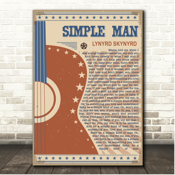 Lynyrd Skynyrd Simple Man Country Western Festival Guitar Song Lyric Print