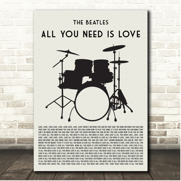 The Beatles All You Need Is Love Drum Kit Black Song Lyric Print