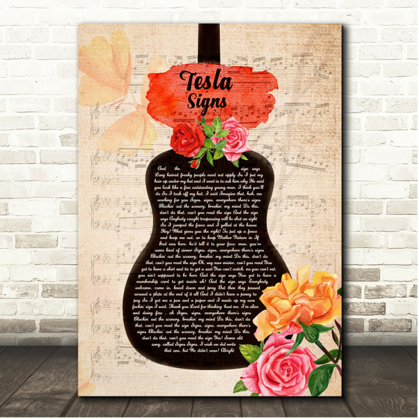 Tesla Signs Floral Rose Guitar Script Song Lyric Print
