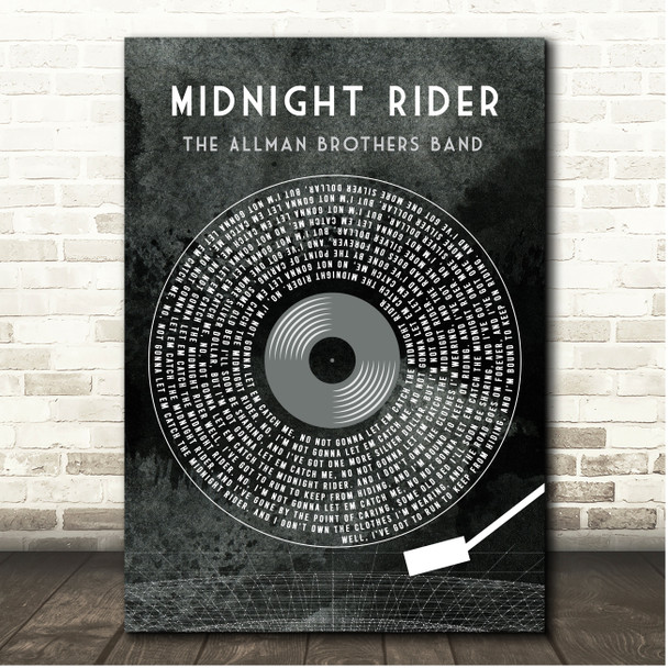 The Allman Brothers Band Midnight Rider Grunge Grey Vinyl Record Song Lyric Print