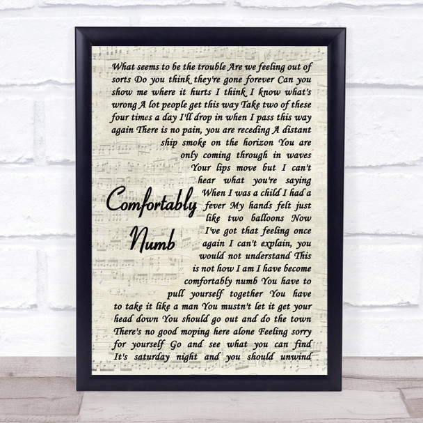 Pink Floyd Comfortably Numb Vintage Script Song Lyric Quote Print