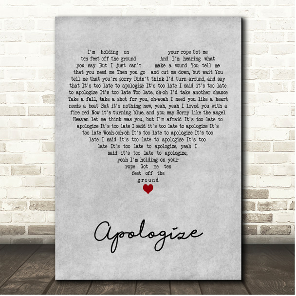 OneRepublic Apologize Grey Heart Song Lyric Print