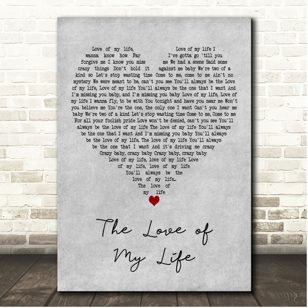 Pandora The Love of My Life Grey Heart Song Lyric Print