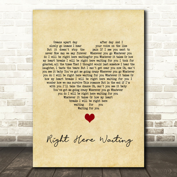 Richard Marx Right Here Waiting Vintage Heart Song Lyric Quote Print