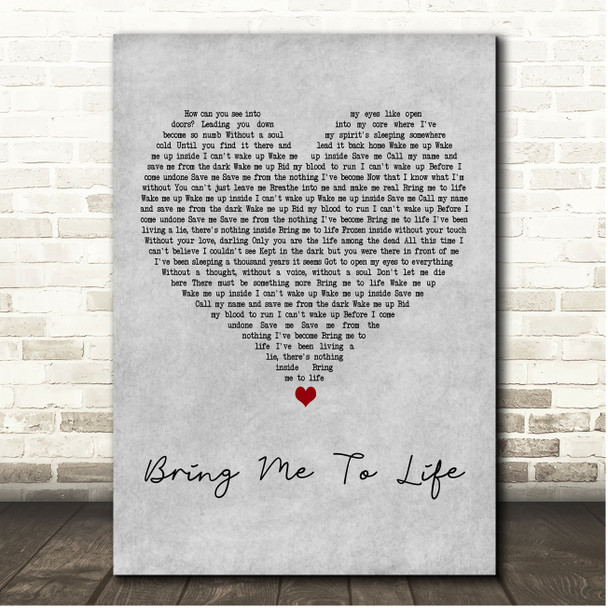 Evanescence Bring Me To Life Grey Heart Song Lyric Print