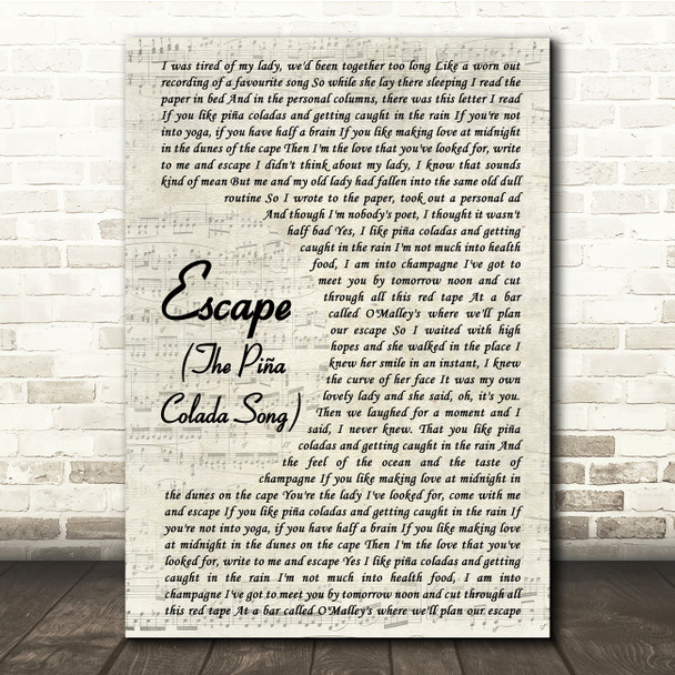 Rupert Holmes Escape (The Pi??a Colada Song) Vintage Script Song Lyric Print