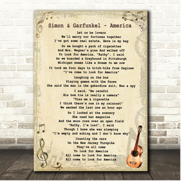 Simon & Garfunkel America Vintage Guitar Song Lyric Print