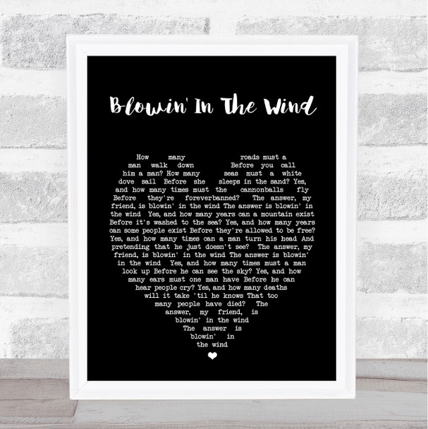 Blowin' In The Wind Bob Dylan Black Heart Quote Song Lyric Print