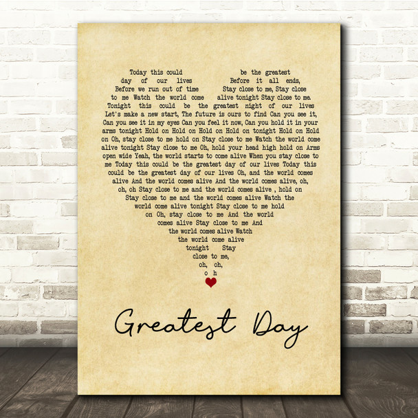 Take That Greatest Day Vintage Heart Song Lyric Quote Print