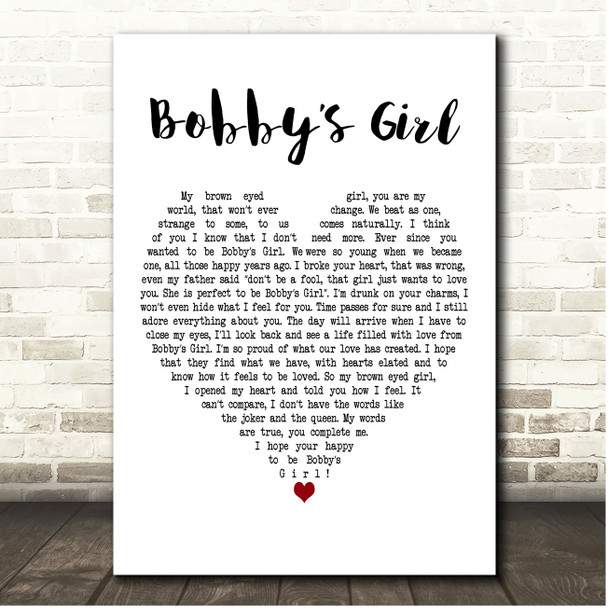 Rob Longhorn Bobbys Girl White Heart Song Lyric Print