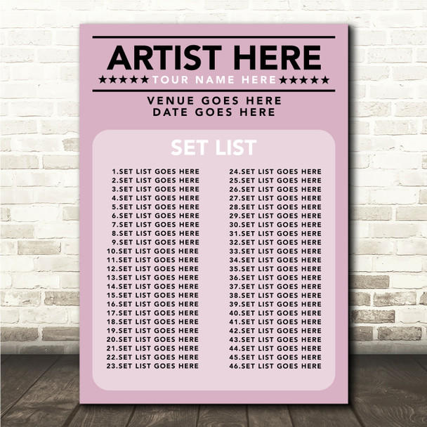 Concert Setlist Poster Print Canvas Pink - Any Artist, Date, Gig, Venue