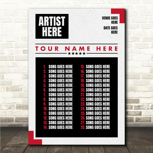 Concert Setlist Poster Print Canvas Grey Red - Any Artist, Date, Gig, Venue