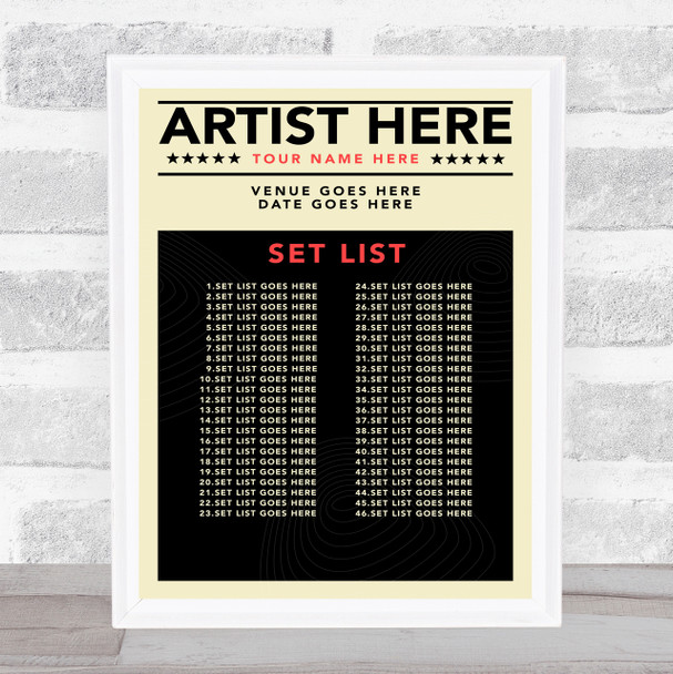 Concert Setlist Poster Print Canvas Mustard Black - Any Artist, Date, Gig, Venue