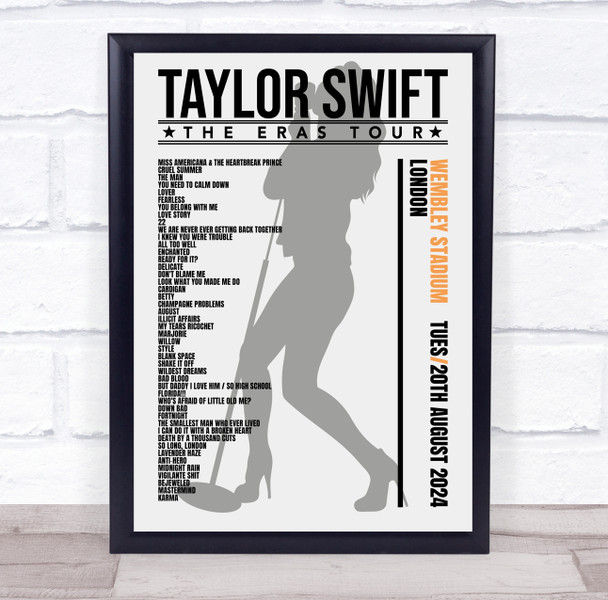 Taylor Swift - Concert Setlist Gig Poster Print Canvas Female Grey - Wembley London England - Aug 20 2024