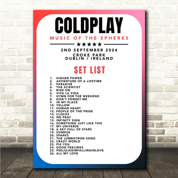 Coldplay - Concert Setlist Gig Poster Print Canvas Retro Blue - Croke Park Dublin Ireland - Sept 2nd 2024
