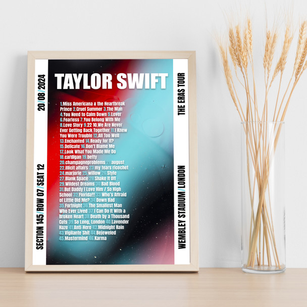 Taylor Swift - Concert Setlist Gig Poster Print Canvas Green Red - Wembley London England - Aug 20 2024