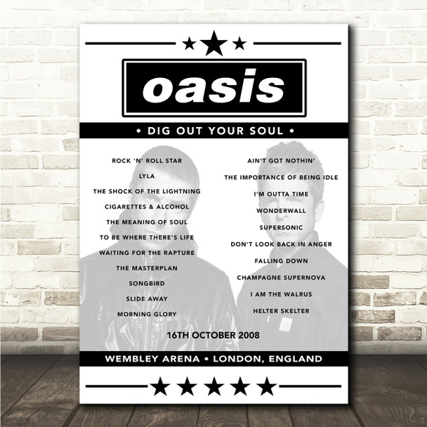 Oasis - Concert Setlist Poster Print Canvas - Wembley Arena, London, England - October 16th 2008