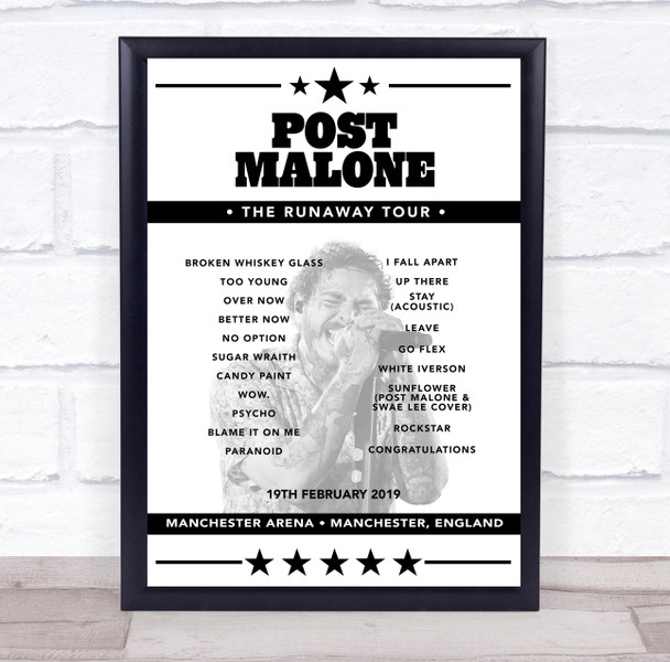 Post Malone - Concert Setlist Poster Print Canvas - Manchester Arena, Manchester, England -February 19th 2019