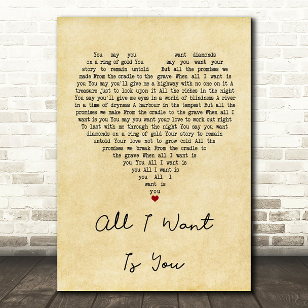 U2 All I Want Is You Vintage Heart Song Lyric Quote Print