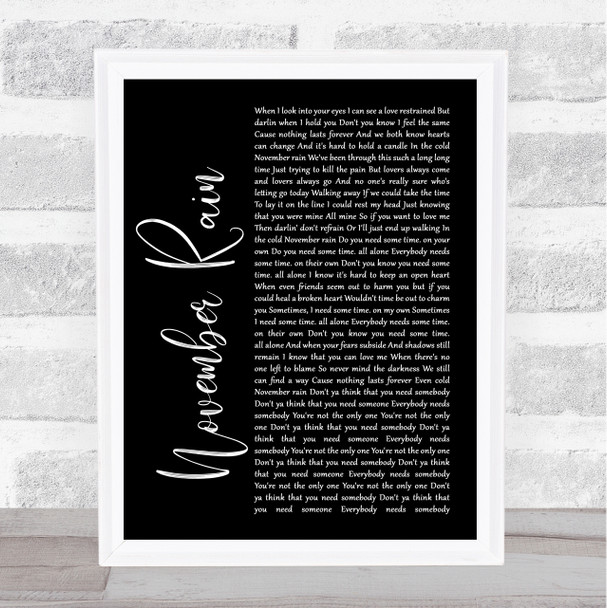 Guns N' Roses November Rain Black Script Song Lyric Quote Print