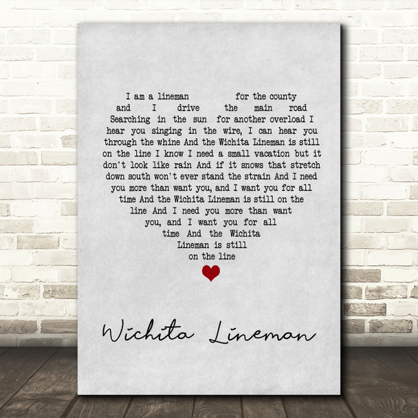 Glen Campbell Wichita Lineman Grey Heart Quote Song Lyric Print