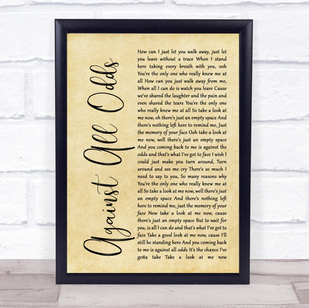 Phil Collins Against All Odds Rustic Script Song Lyric Quote Print