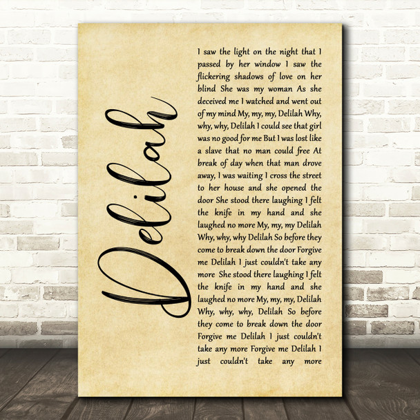 Tom Jones Delilah Rustic Script Song Lyric Quote Print