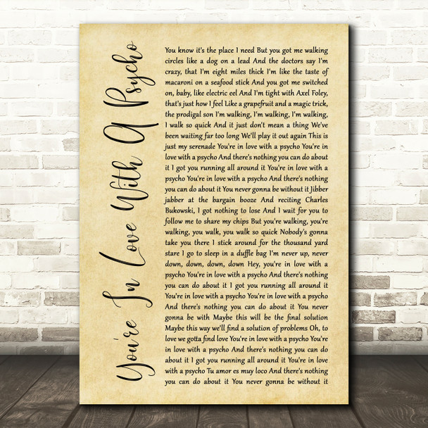 Kasabian You're In Love With A Psycho Rustic Script Song Lyric Quote Print