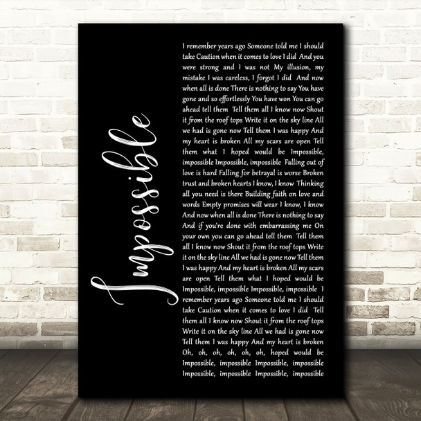 James Arthur Impossible Black Script Song Lyric Quote Print