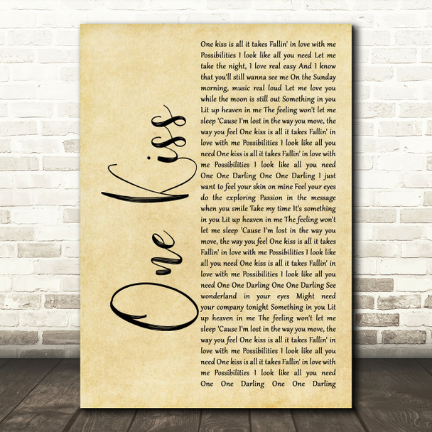 Calvin Harris & Dua Lipa One Kiss Rustic Script Song Lyric Quote Print