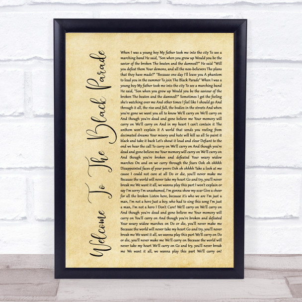 My Chemical Romance Welcome To The Black Parade Rustic Script Song Lyric Print