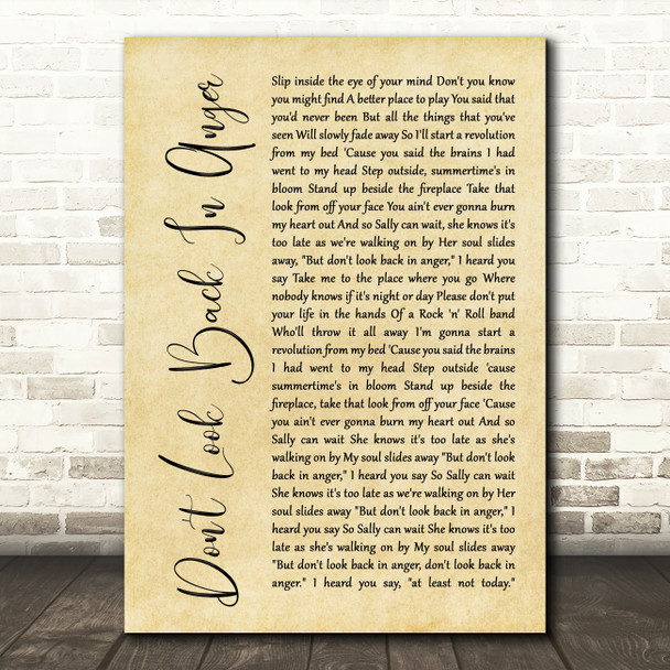 Oasis Don't Look Back In Anger Rustic Script Song Lyric Quote Print