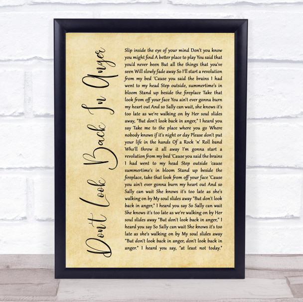 Oasis Don't Look Back In Anger Rustic Script Song Lyric Quote Print