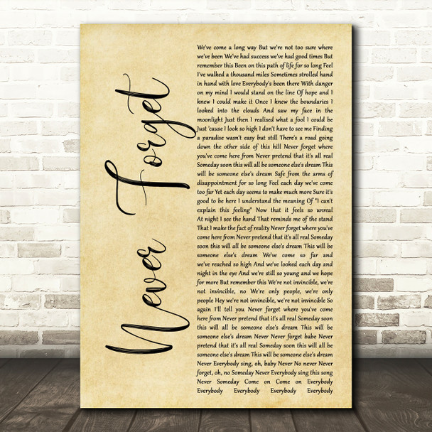 Take That Never Forget Rustic Script Song Lyric Quote Print
