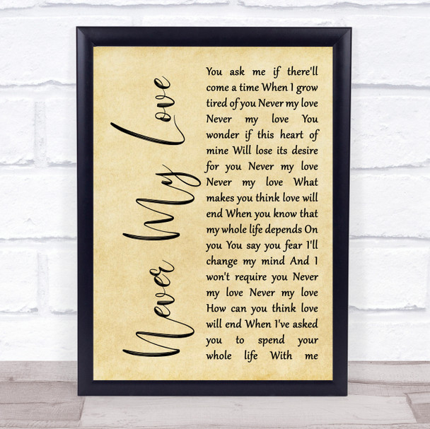 The Association Never My Love Rustic Script Song Lyric Quote Print