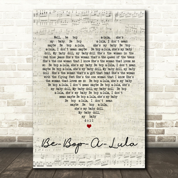 Gene Vincent Be-Bop-A-Lula Script Heart Song Lyric Quote Print