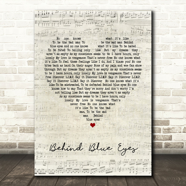 Limp Bizkit Behind Blue Eyes Script Heart Song Lyric Quote Print