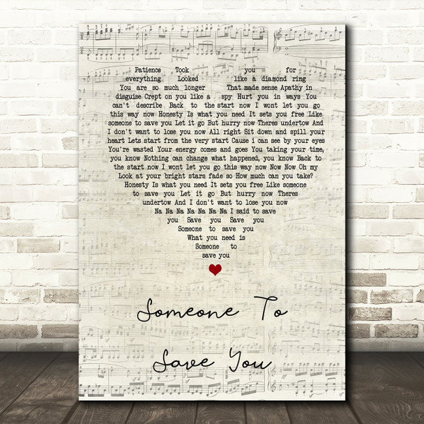 OneRepublic Someone To Save You Script Heart Song Lyric Quote Print