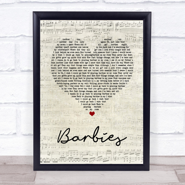 Pink Barbies Script Heart Song Lyric Quote Print