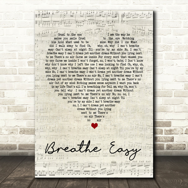 Blue Breathe Easy Script Heart Song Lyric Quote Print