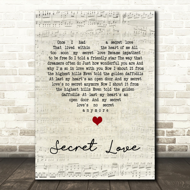 Doris Day Secret Love Script Heart Song Lyric Quote Print