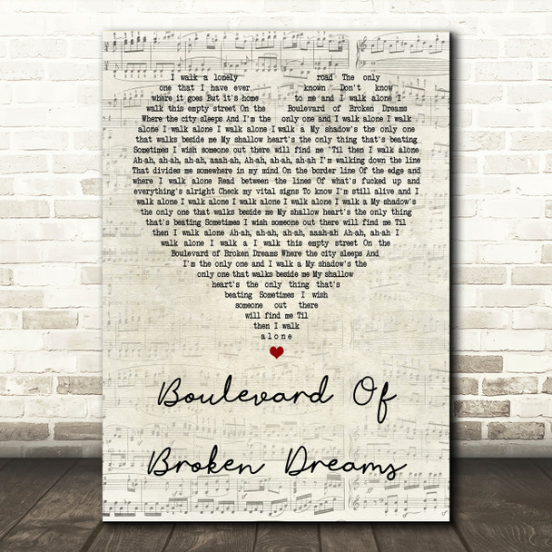 Green Day Boulevard Of Broken Dreams Script Heart Song Lyric Quote Print