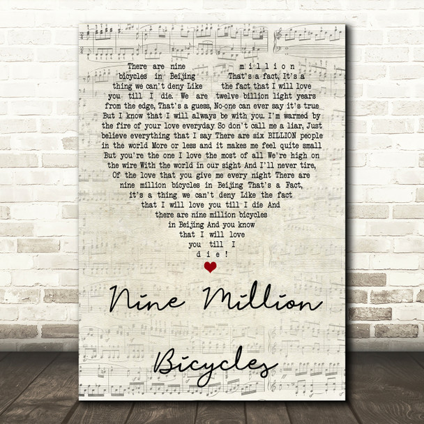 Katie Melua Nine Million Bicycles Script Heart Song Lyric Quote Print