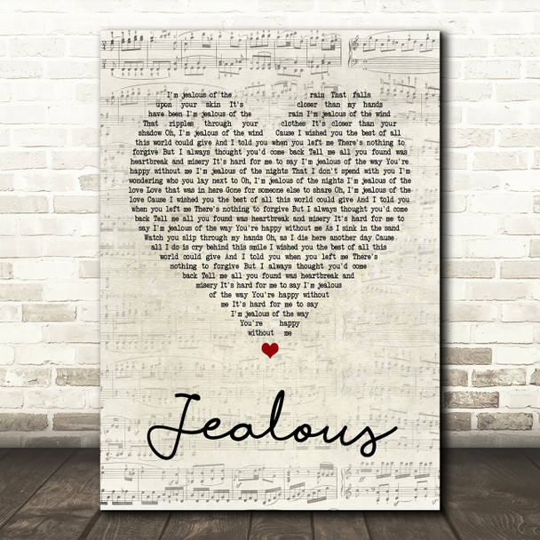 Labrinth Jealous Script Heart Song Lyric Quote Print