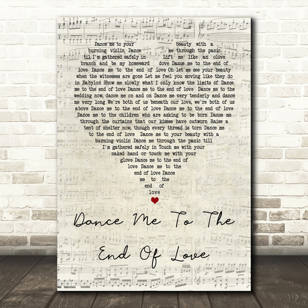 Leonard Cohen Dance Me To The End Of Love Script Heart Song Lyric Quote Print