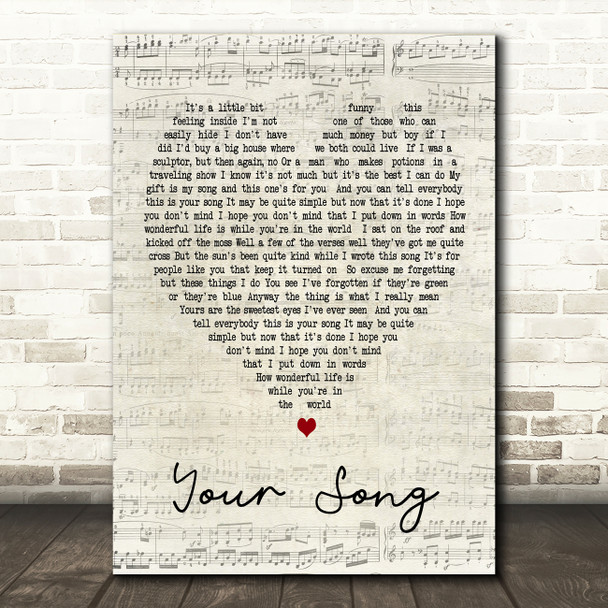 Your Song Elton John Script Heart Song Lyric Quote Print