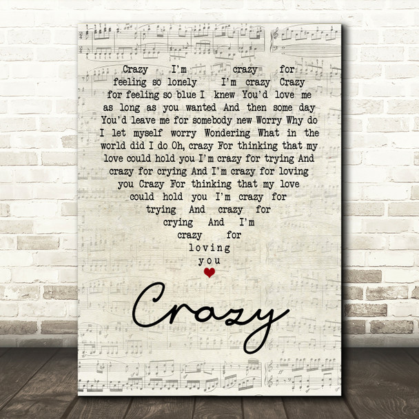 Patsy Cline Crazy Script Heart Song Lyric Quote Print