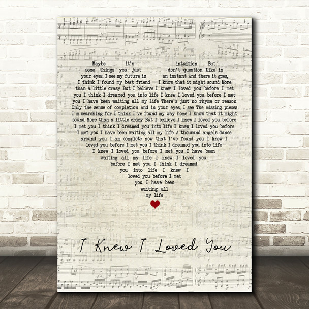 Savage Garden I Knew I Loved You Script Heart Song Lyric Quote Print