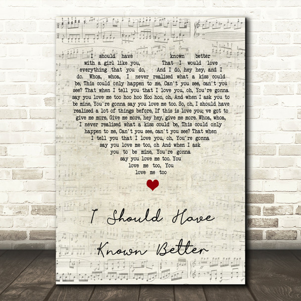 The Beatles I Should Have Known Better Script Heart Song Lyric Quote Print