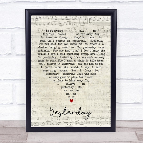 Yesterday The Beatles Script Heart Quote Song Lyric Print